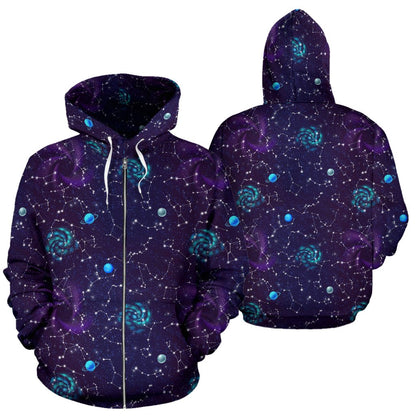 Zodiac Galaxy Design Print Zip Up Hoodie