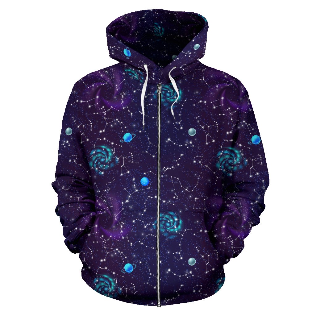 Zodiac Galaxy Design Print Zip Up Hoodie