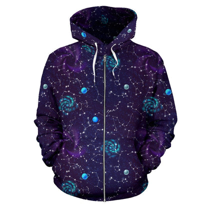 Zodiac Galaxy Design Print Zip Up Hoodie