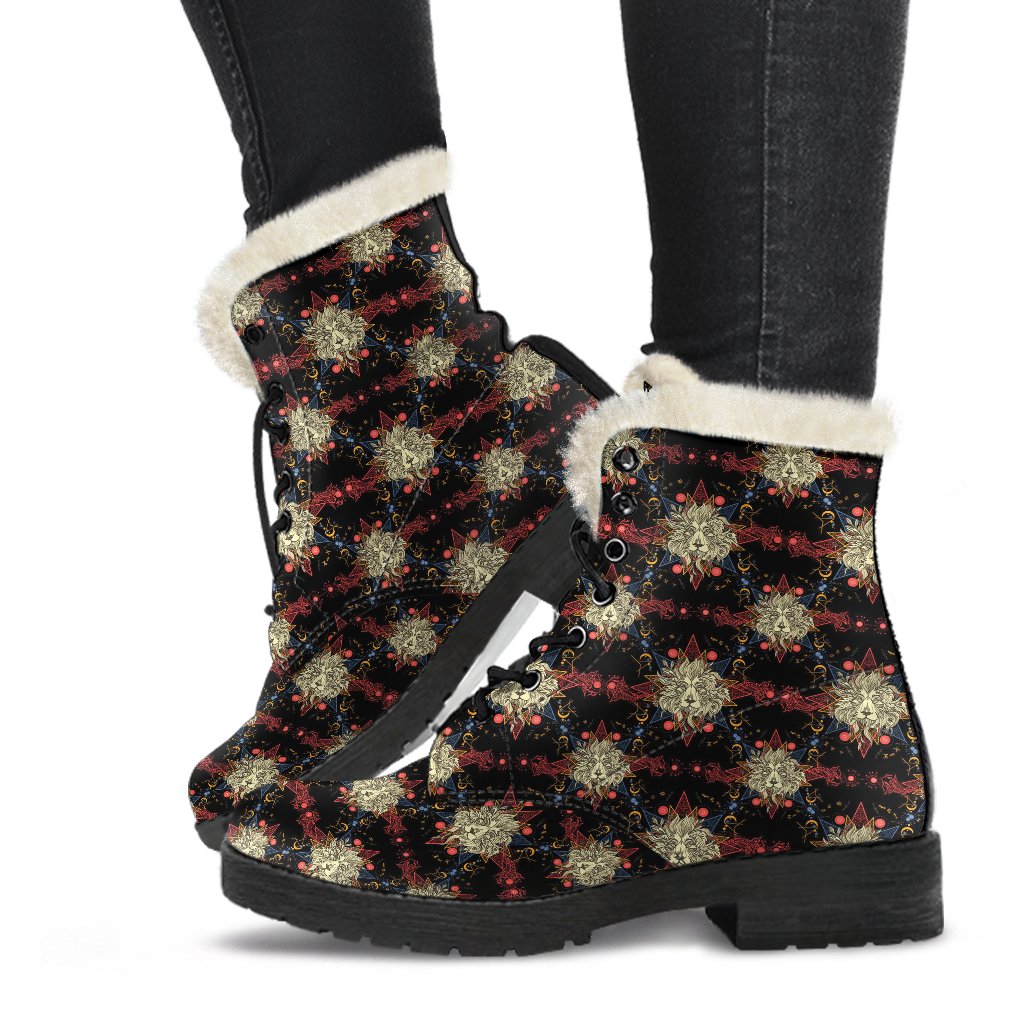 Zodiac Leo Pattern Design Print Faux Fur Leather Boots-JTAMIGO.COM