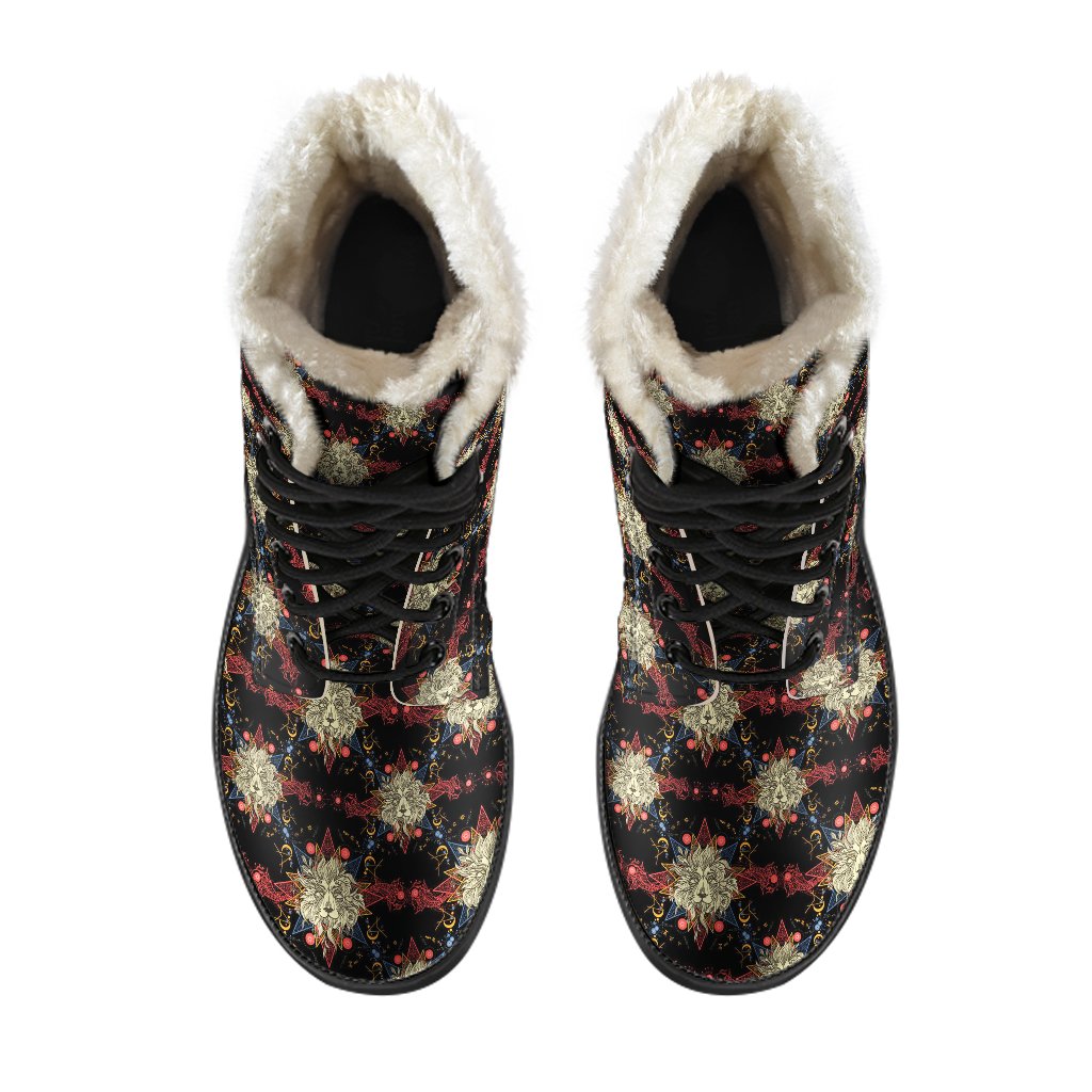 Zodiac Leo Pattern Design Print Faux Fur Leather Boots-JTAMIGO.COM