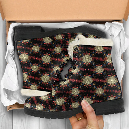 Zodiac Leo Pattern Design Print Faux Fur Leather Boots-JTAMIGO.COM