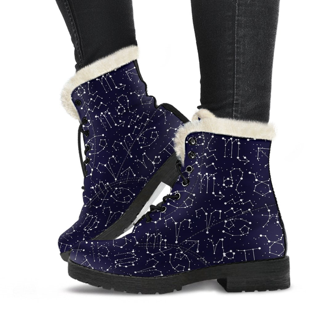 Zodiac Pattern Design Print Faux Fur Leather Boots-JTAMIGO.COM