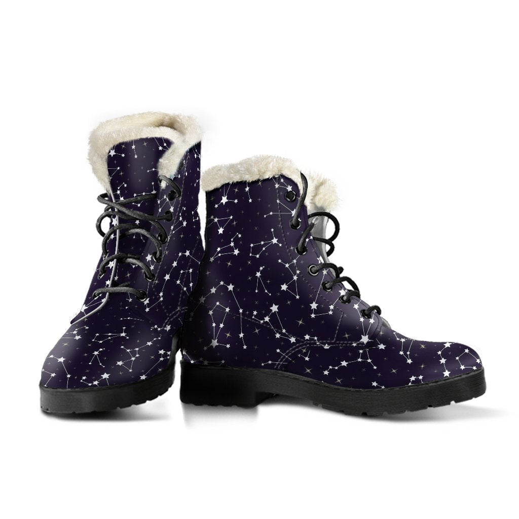Zodiac Star Pattern Design Print Faux Fur Leather Boots-JTAMIGO.COM