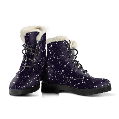 Zodiac Star Pattern Design Print Faux Fur Leather Boots-JTAMIGO.COM