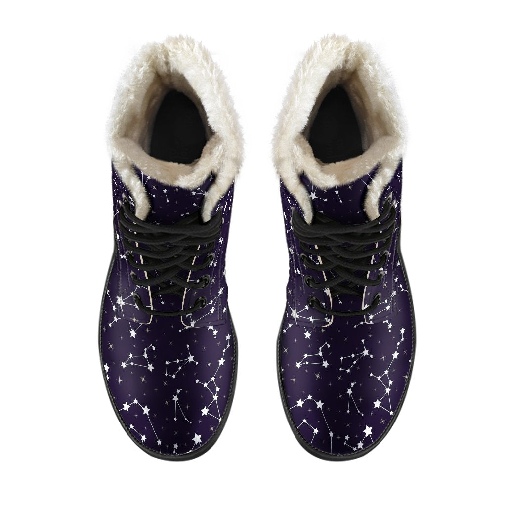Zodiac Star Pattern Design Print Faux Fur Leather Boots-JTAMIGO.COM