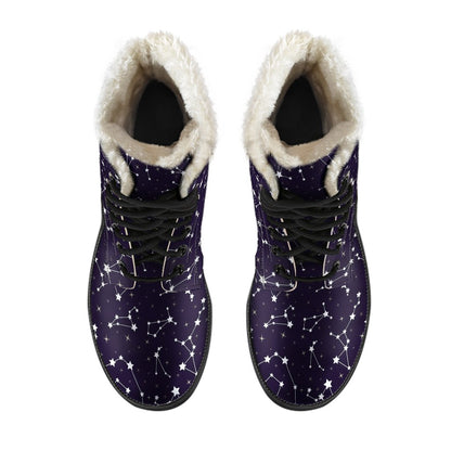 Zodiac Star Pattern Design Print Faux Fur Leather Boots-JTAMIGO.COM