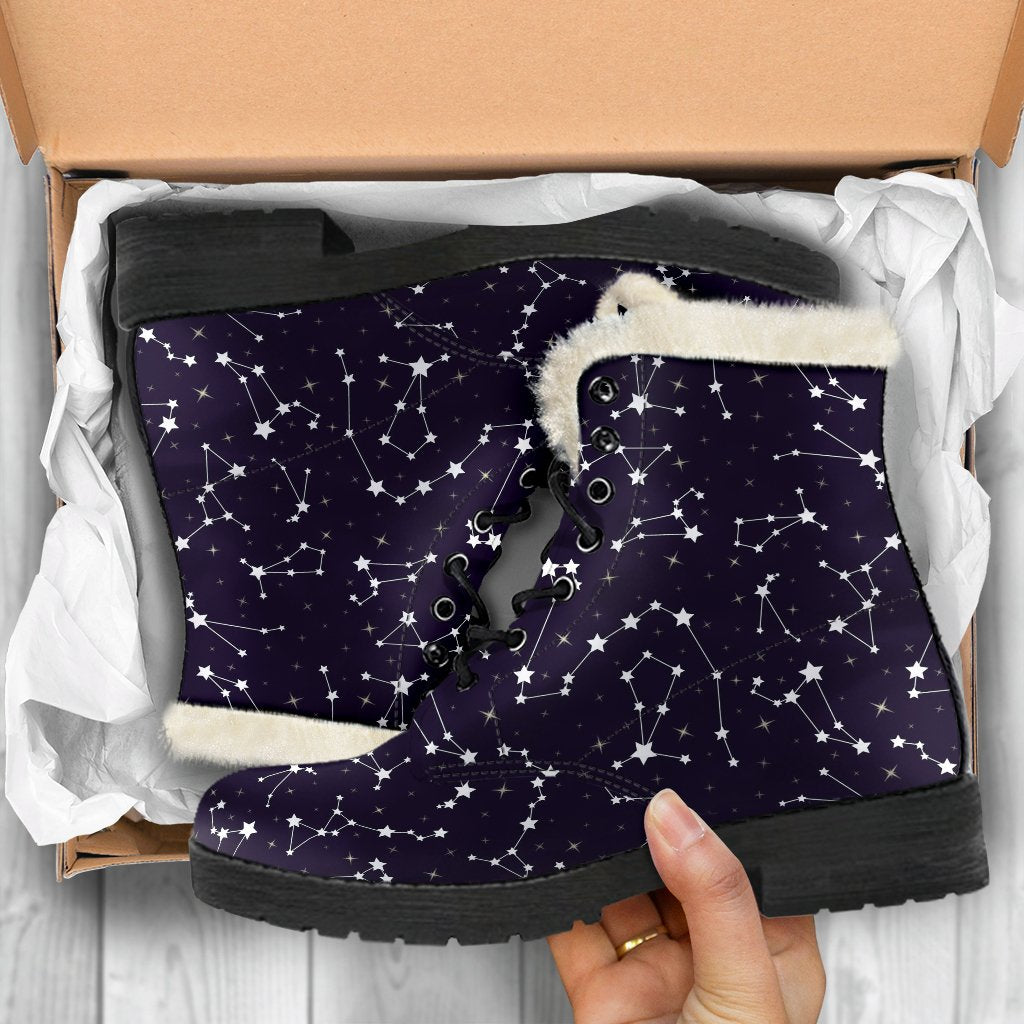 Zodiac Star Pattern Design Print Faux Fur Leather Boots-JTAMIGO.COM