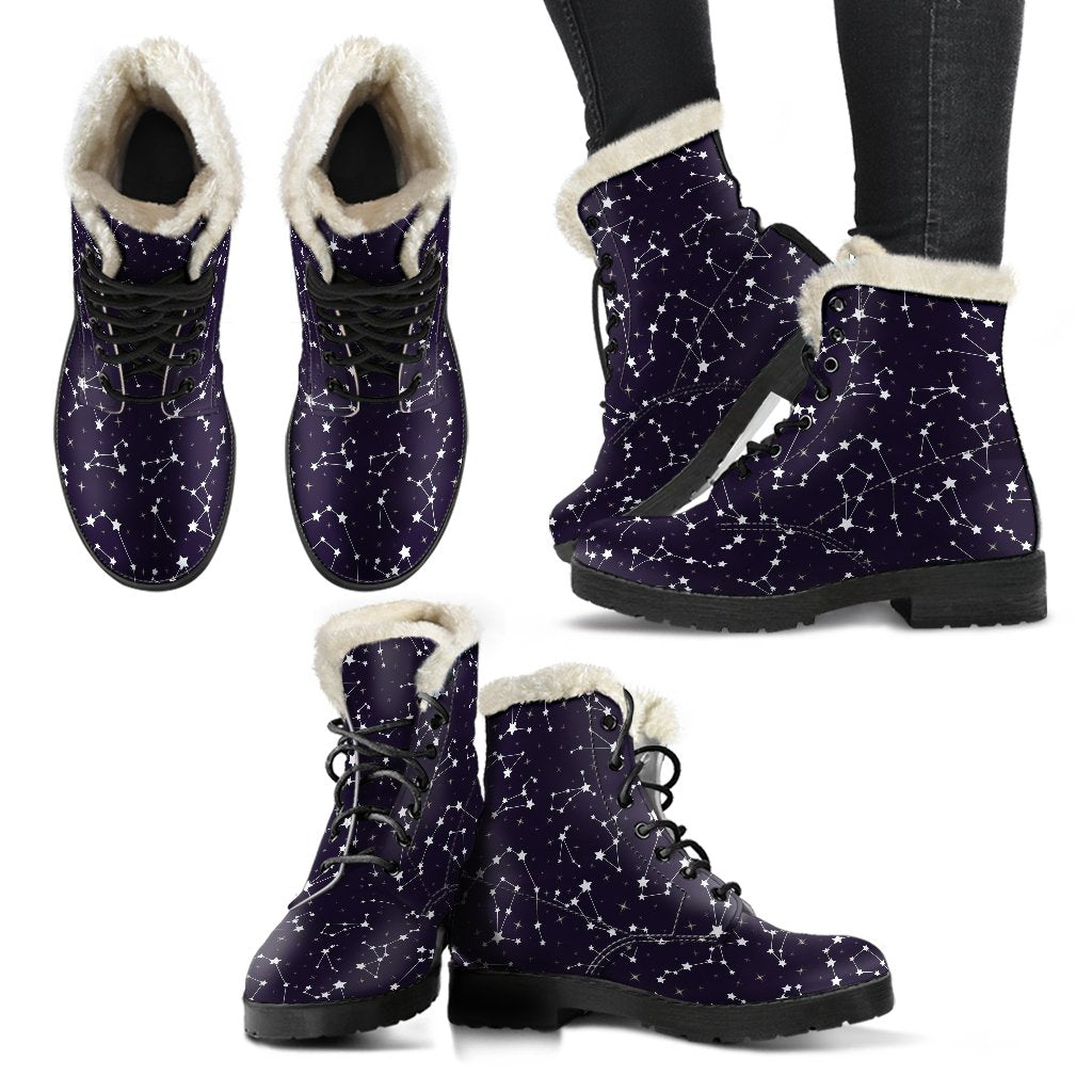 Zodiac Star Pattern Design Print Faux Fur Leather Boots-JTAMIGO.COM