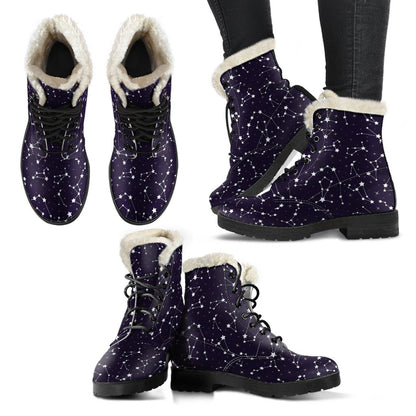 Zodiac Star Pattern Design Print Faux Fur Leather Boots-JTAMIGO.COM