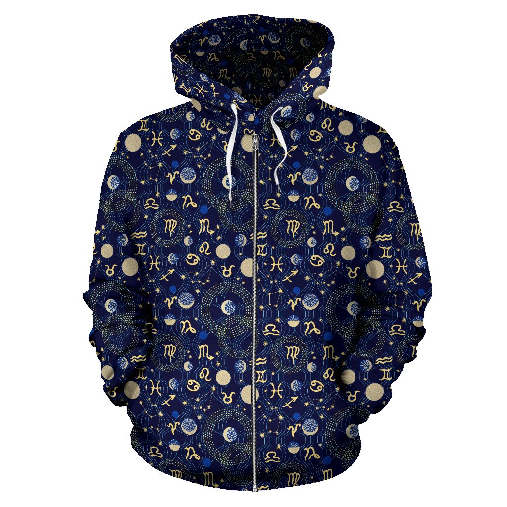 Zodiac Themed Design Print Zip Up Hoodie