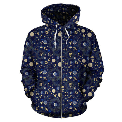 Zodiac Themed Design Print Zip Up Hoodie