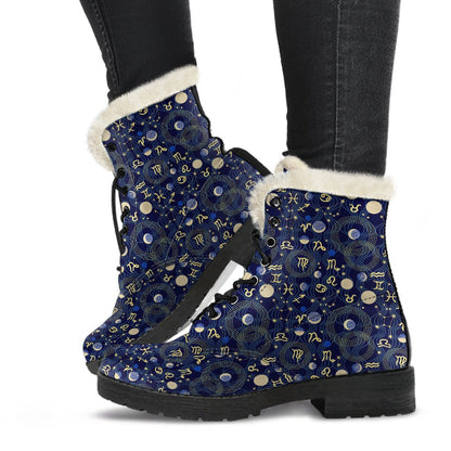 ZodiacThemed Design Print Faux Fur Leather Boots-JTAMIGO.COM