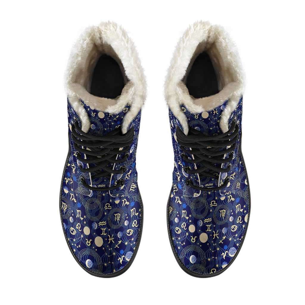 ZodiacThemed Design Print Faux Fur Leather Boots-JTAMIGO.COM