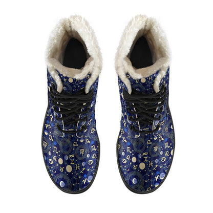 ZodiacThemed Design Print Faux Fur Leather Boots-JTAMIGO.COM