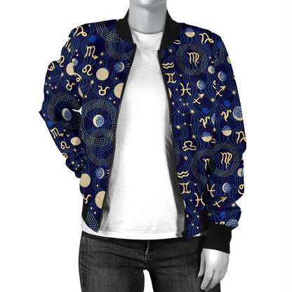 ZodiacThemed Design Print Women Casual Bomber Jacket