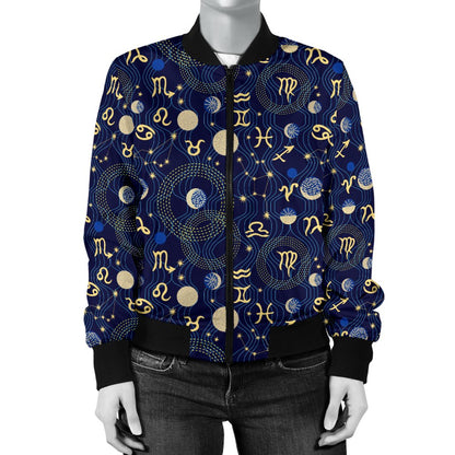 ZodiacThemed Design Print Women Casual Bomber Jacket