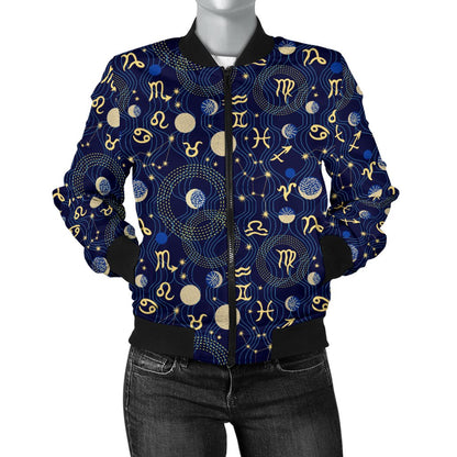 ZodiacThemed Design Print Women Casual Bomber Jacket