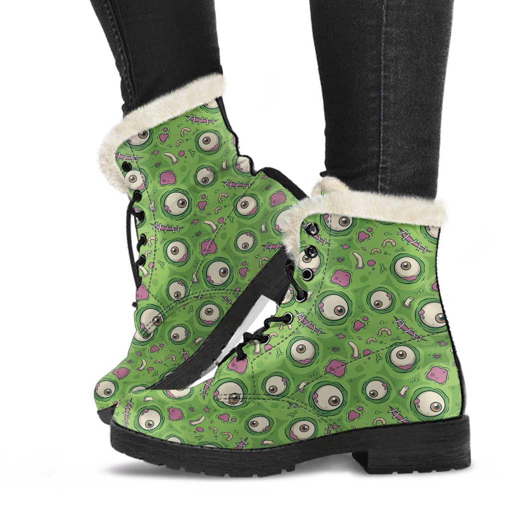 Zombie Eyes Design Pattern Print Faux Fur Leather Boots-JTAMIGO.COM