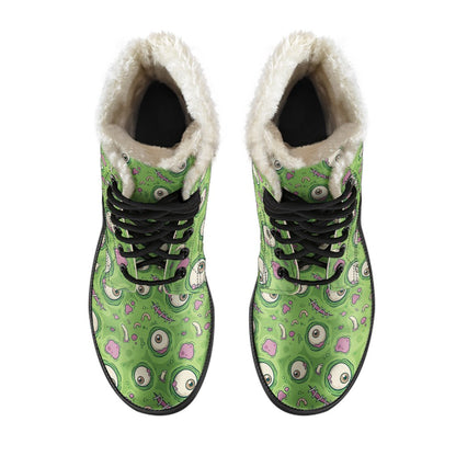 Zombie Eyes Design Pattern Print Faux Fur Leather Boots-JTAMIGO.COM