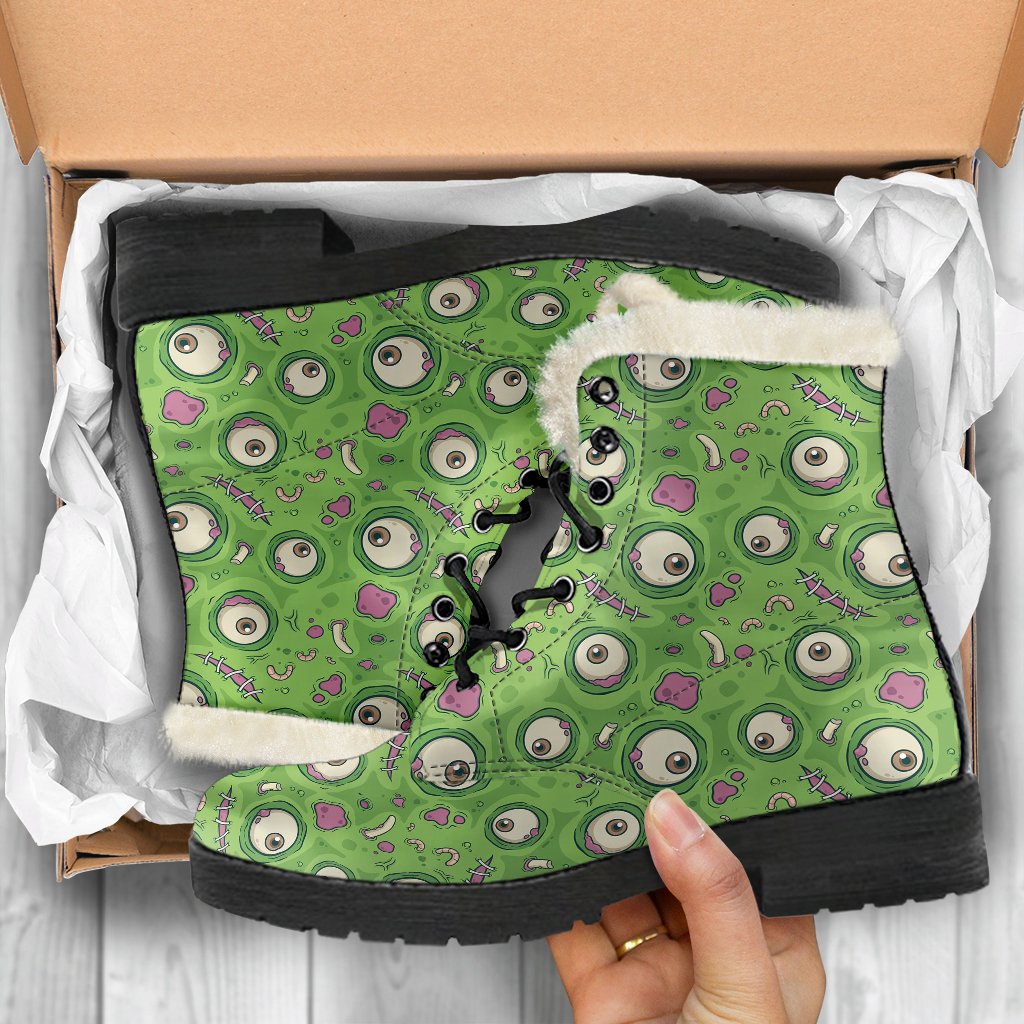 Zombie Eyes Design Pattern Print Faux Fur Leather Boots-JTAMIGO.COM