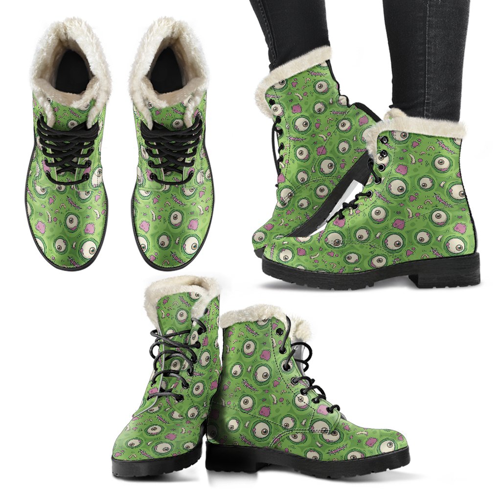 Zombie Eyes Design Pattern Print Faux Fur Leather Boots-JTAMIGO.COM