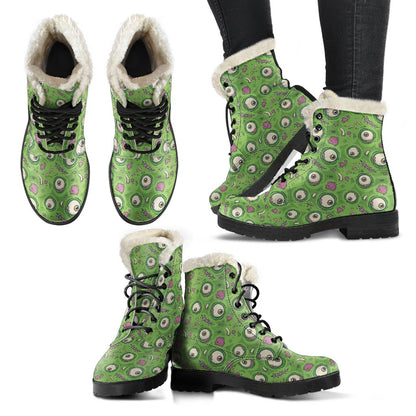 Zombie Eyes Design Pattern Print Faux Fur Leather Boots-JTAMIGO.COM