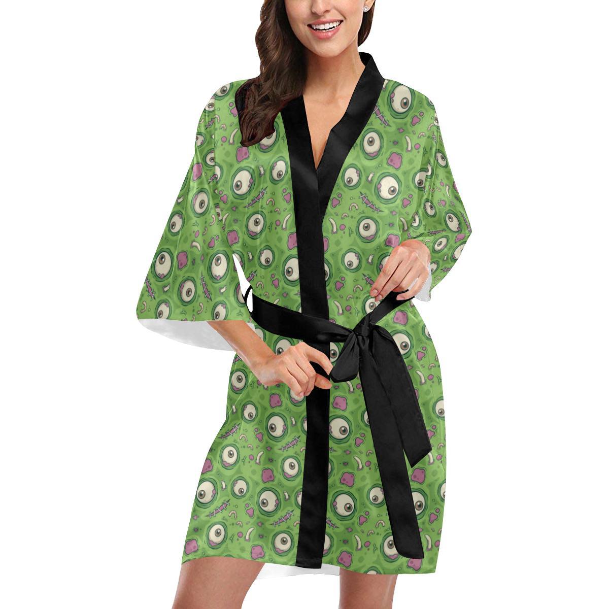 Zombie Eyes Design Pattern Print Women Short Kimono Robe