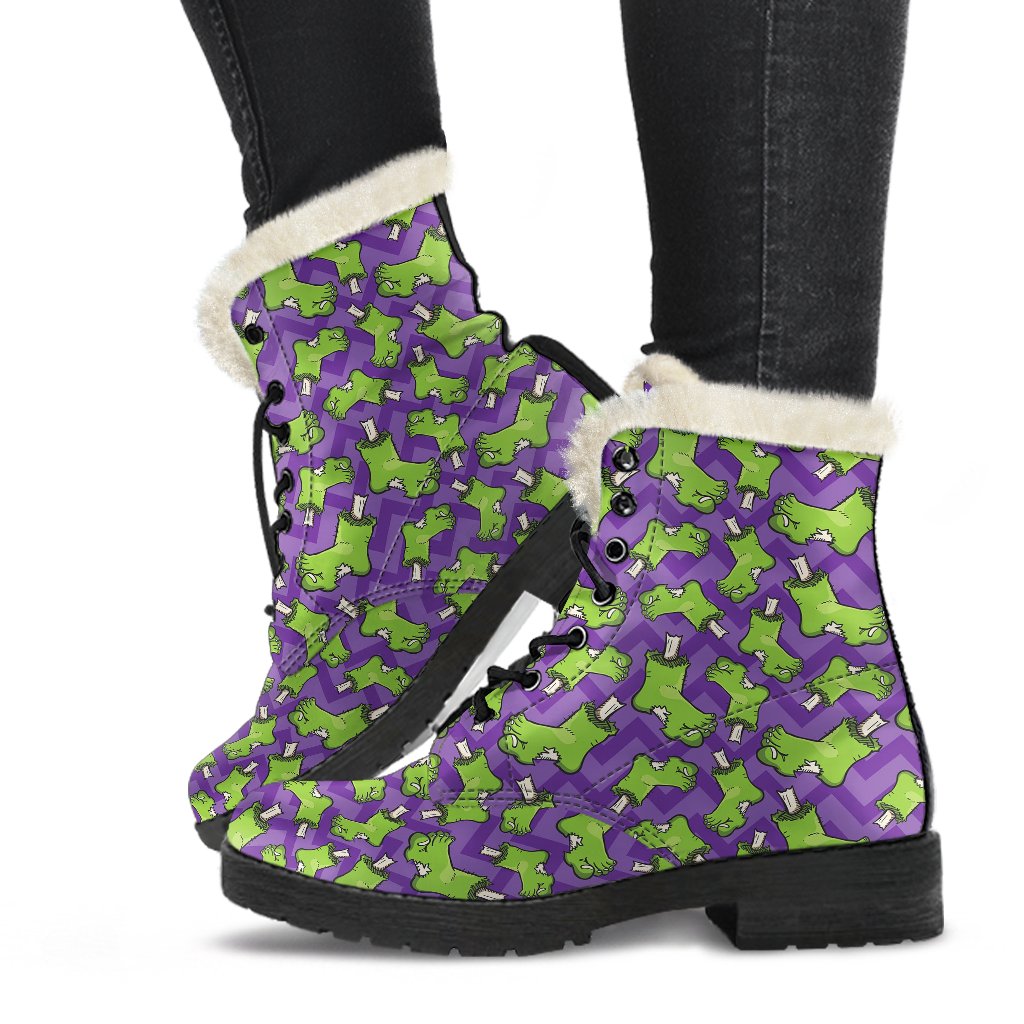 Zombie Foot Design Pattern Print Faux Fur Leather Boots-JTAMIGO.COM