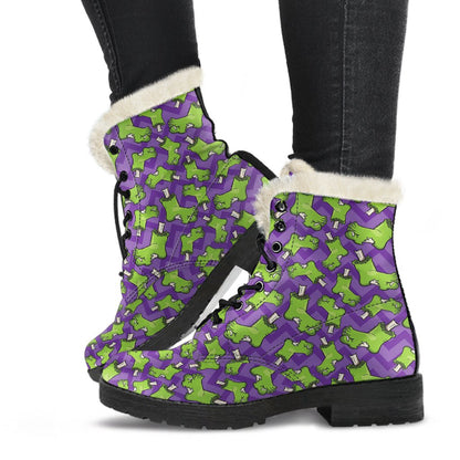 Zombie Foot Design Pattern Print Faux Fur Leather Boots-JTAMIGO.COM