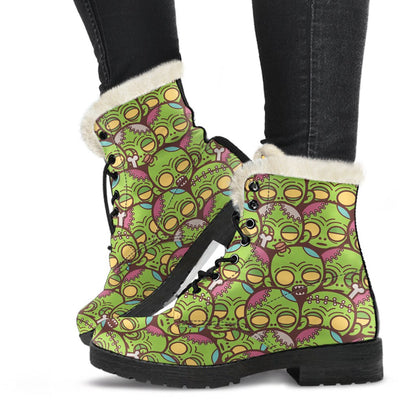 Zombie Head Design Pattern Print Faux Fur Leather Boots-JTAMIGO.COM