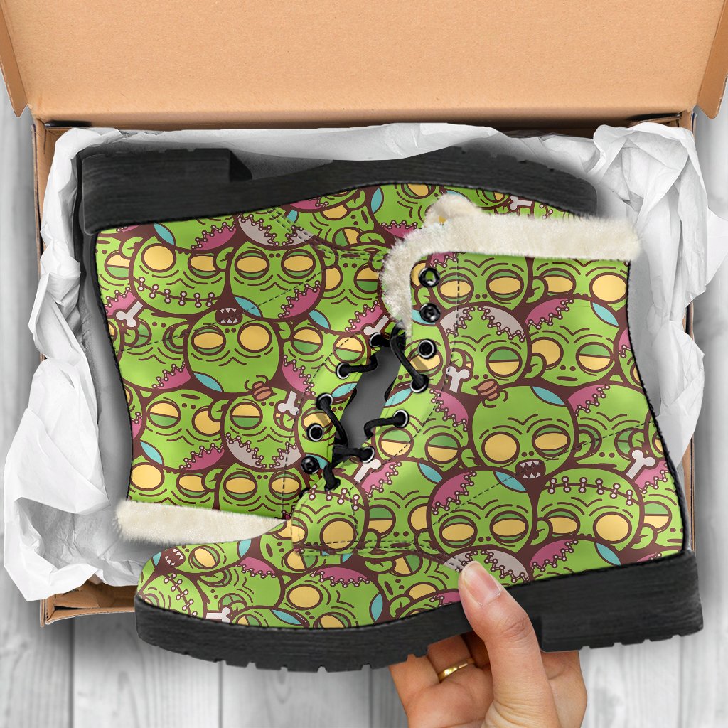 Zombie Head Design Pattern Print Faux Fur Leather Boots-JTAMIGO.COM