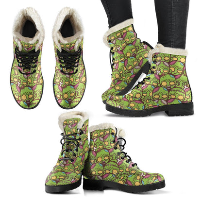 Zombie Head Design Pattern Print Faux Fur Leather Boots-JTAMIGO.COM
