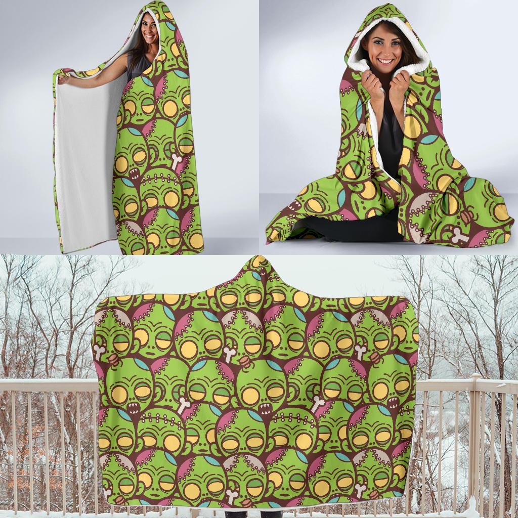 Zombie Head Design Pattern Print Hooded Blanket-JTAMIGO.COM