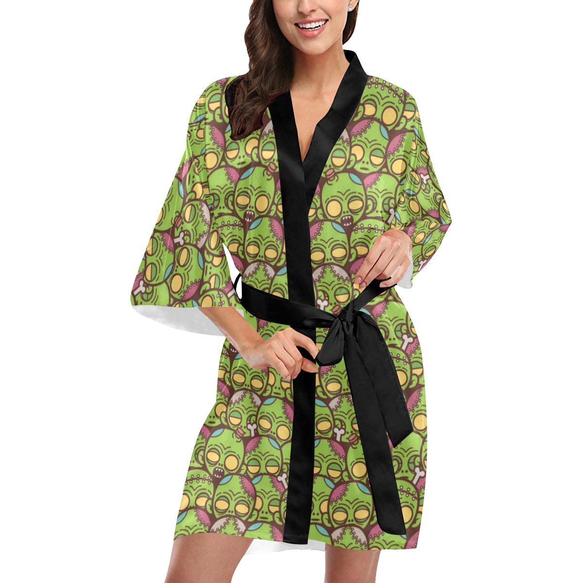 Zombie Head Design Pattern Print Women Short Kimono Robe