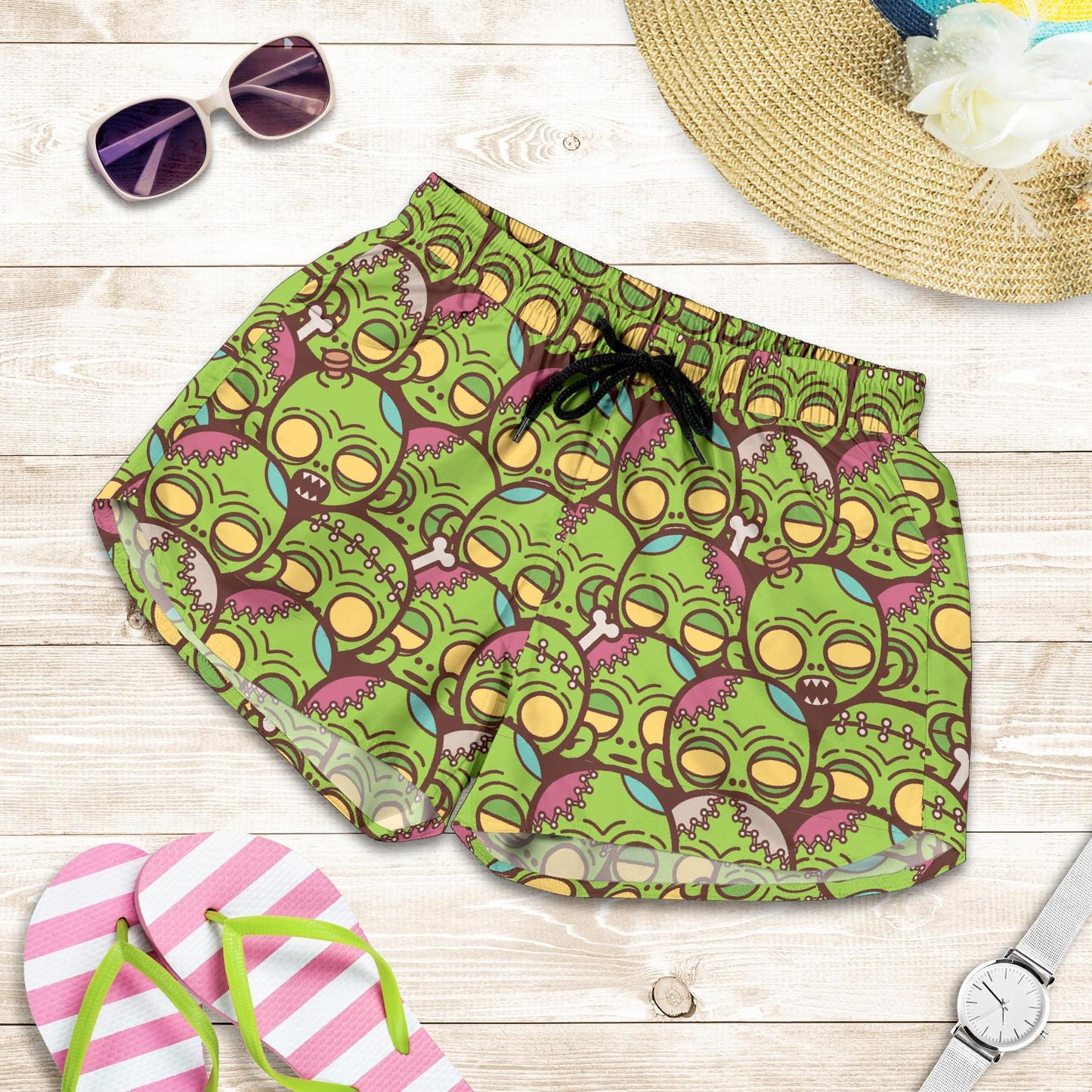 Zombie Head Design Pattern Print Women Shorts-JTAMIGO.COM