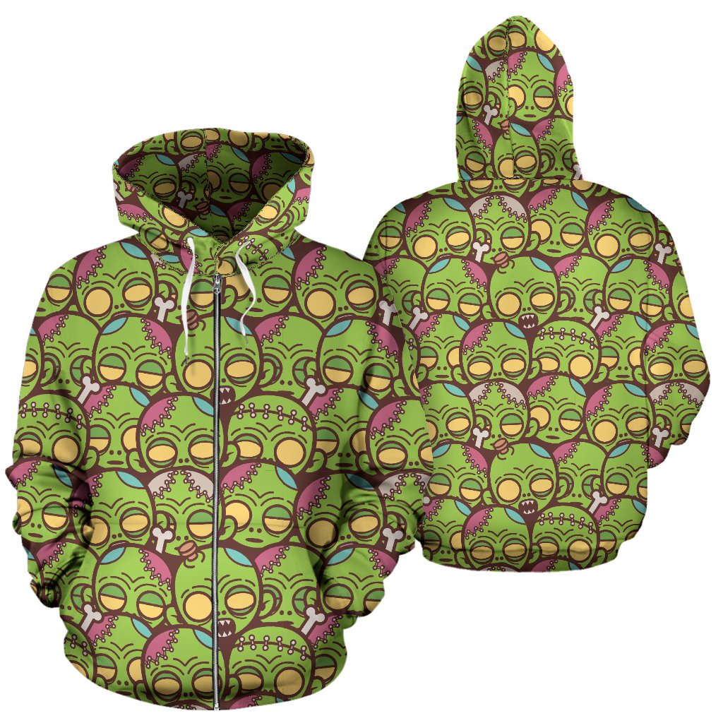 Zombie Head Design Pattern Print Zip Up Hoodie