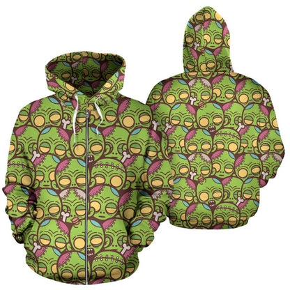 Zombie Head Design Pattern Print Zip Up Hoodie