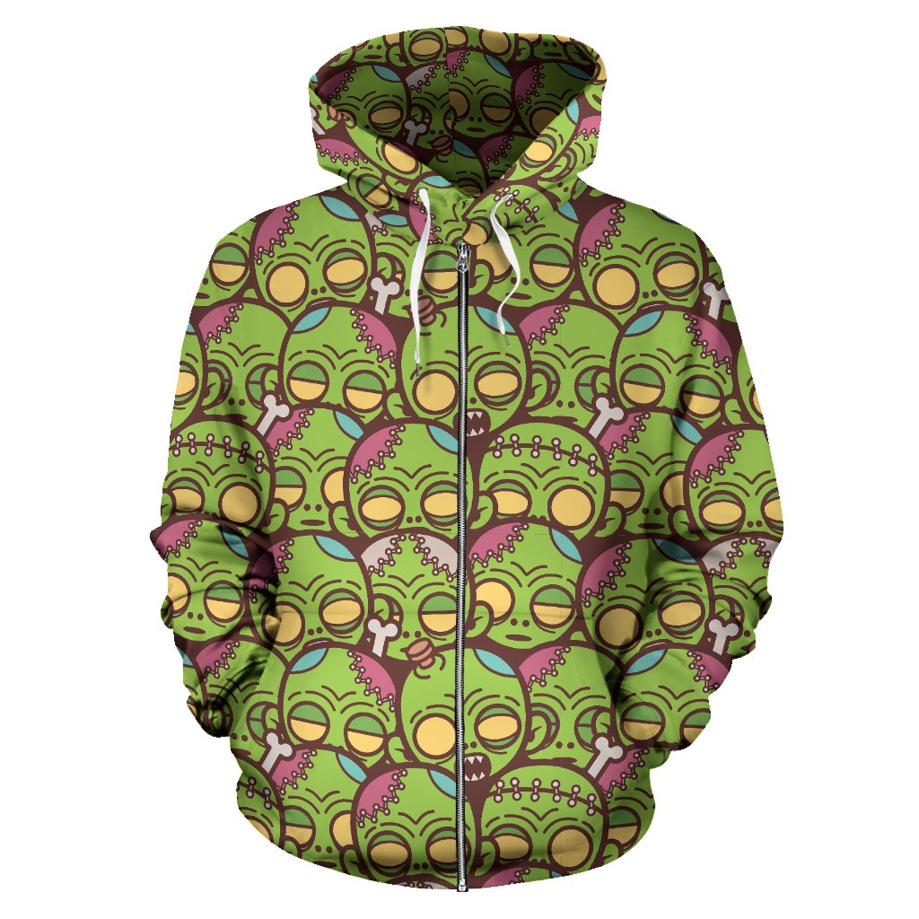 Zombie Head Design Pattern Print Zip Up Hoodie