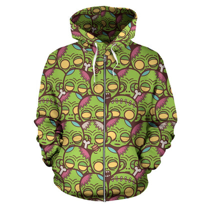 Zombie Head Design Pattern Print Zip Up Hoodie