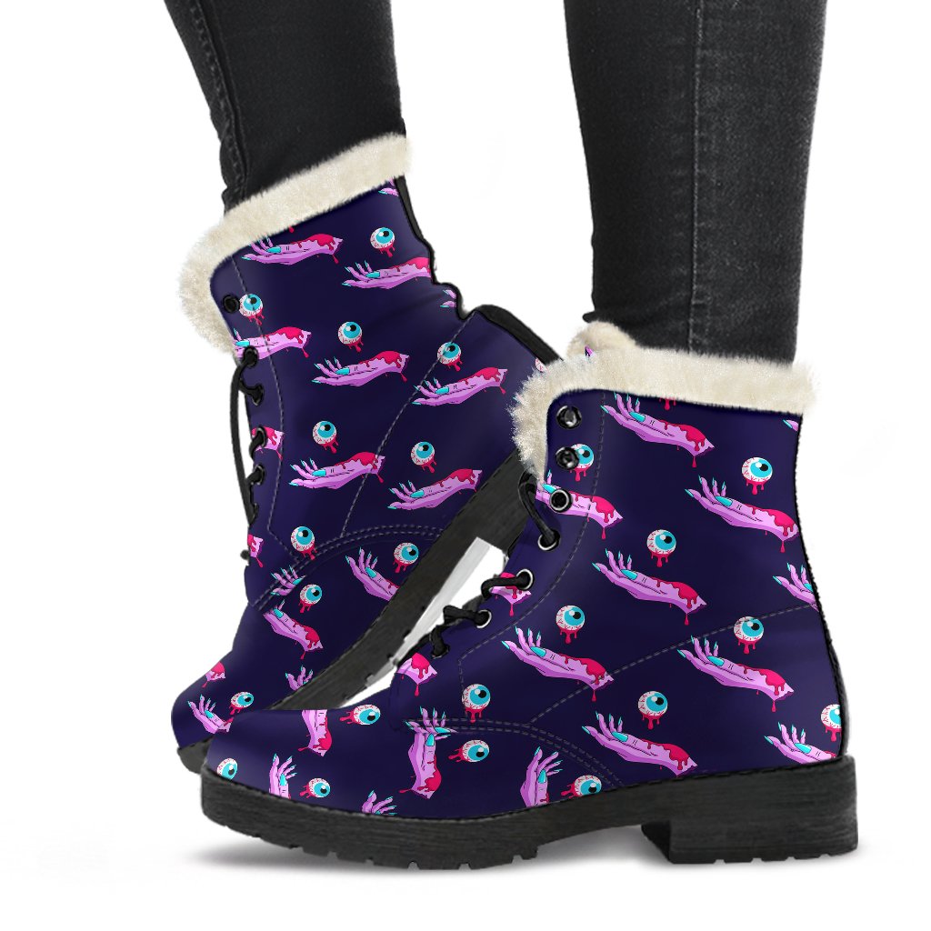 Zombie Pink Hand Design Pattern Print Faux Fur Leather Boots-JTAMIGO.COM