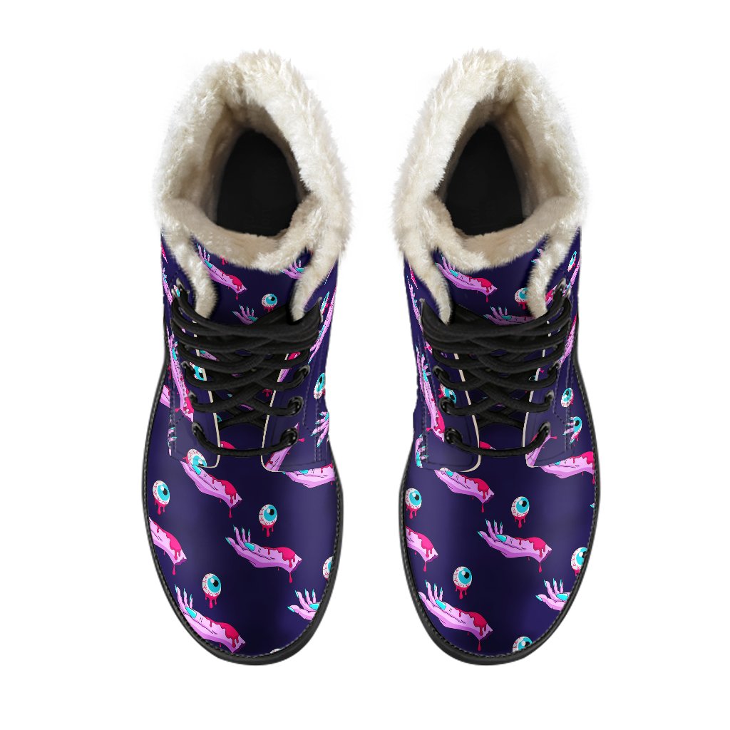 Zombie Pink Hand Design Pattern Print Faux Fur Leather Boots-JTAMIGO.COM