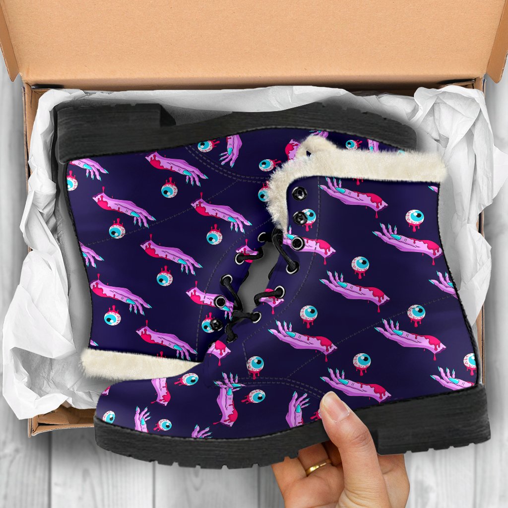 Zombie Pink Hand Design Pattern Print Faux Fur Leather Boots-JTAMIGO.COM