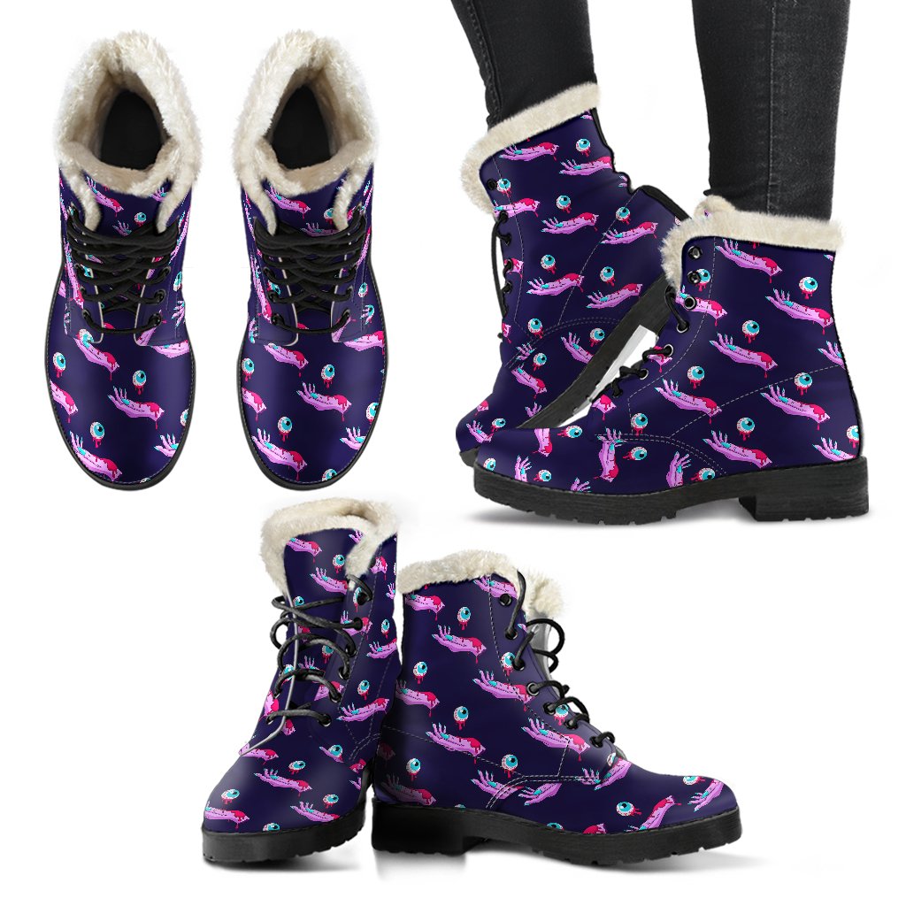 Zombie Pink Hand Design Pattern Print Faux Fur Leather Boots-JTAMIGO.COM