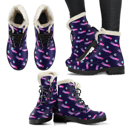 Zombie Pink Hand Design Pattern Print Faux Fur Leather Boots-JTAMIGO.COM
