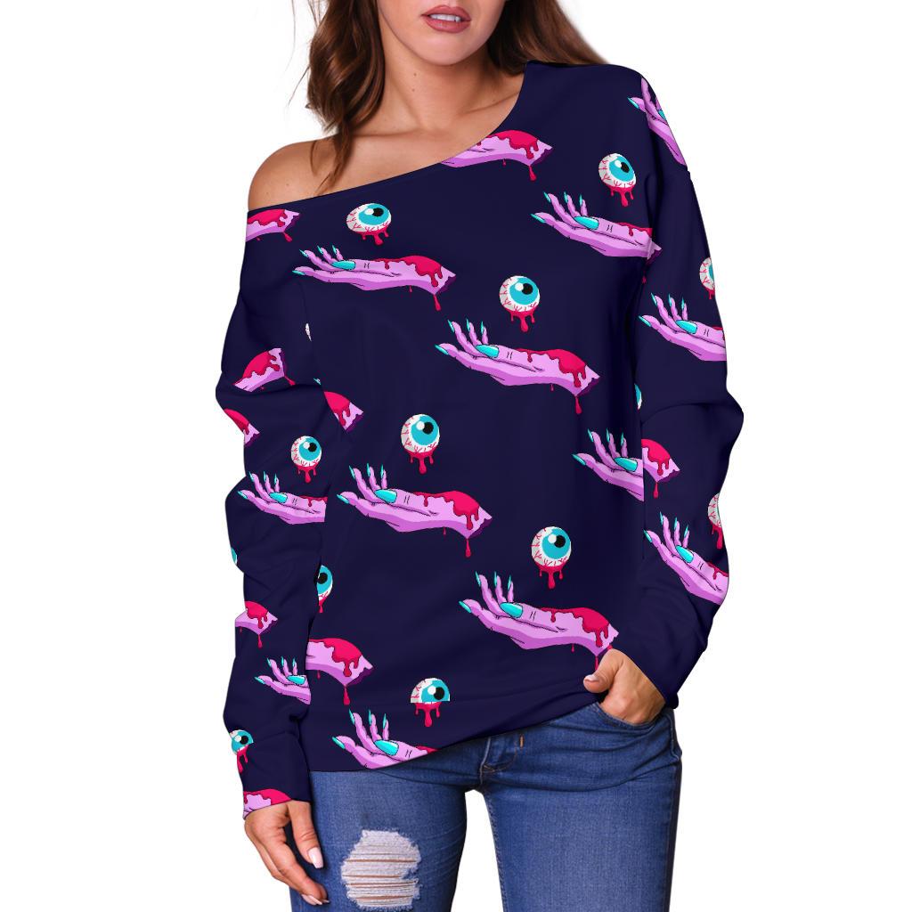 Zombie Pink Hand Design Pattern Print Off Shoulder Sweatshirt