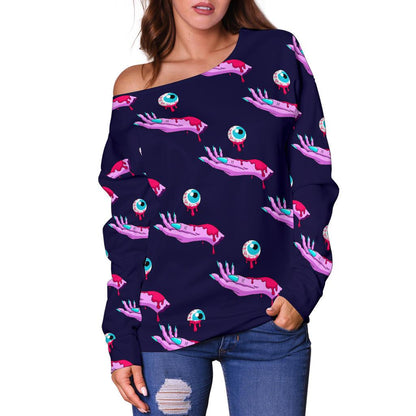 Zombie Pink Hand Design Pattern Print Off Shoulder Sweatshirt
