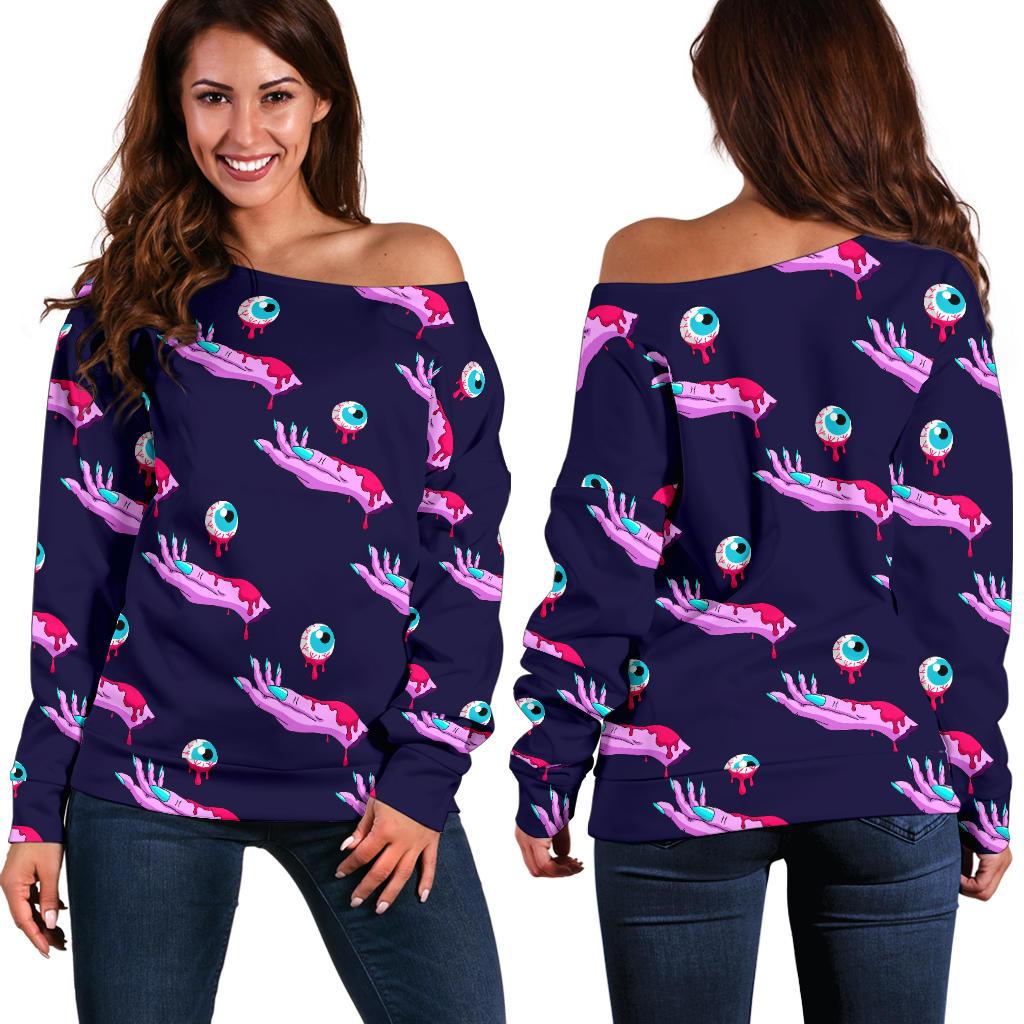 Zombie Pink Hand Design Pattern Print Off Shoulder Sweatshirt