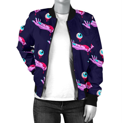 Zombie Pink Hand Design Pattern Print Women Casual Bomber Jacket