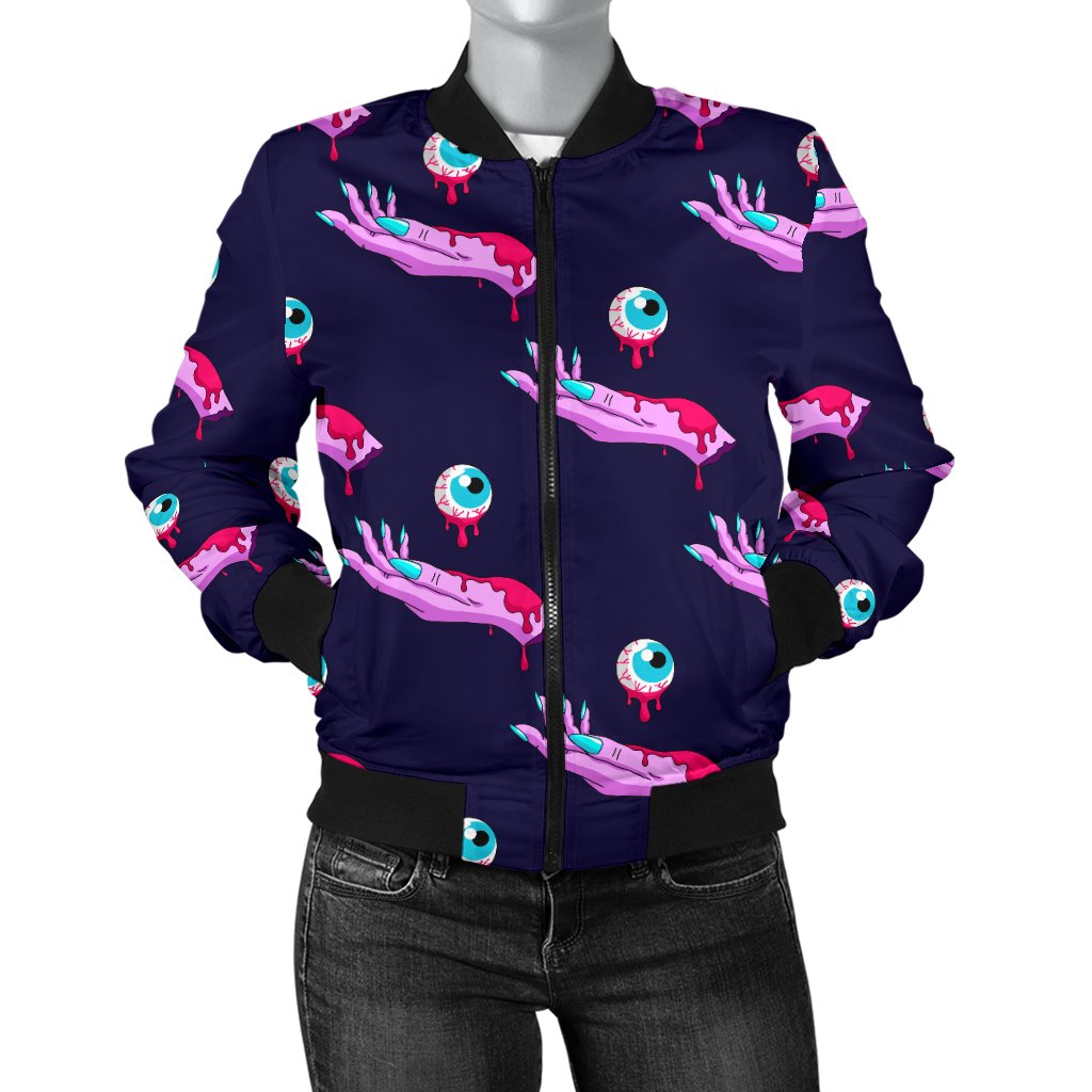 Zombie Pink Hand Design Pattern Print Women Casual Bomber Jacket